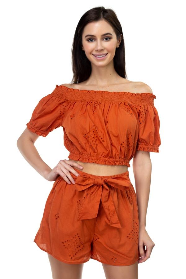 Smocked Off Shoulder Top & High Waist Eyelet Shorts Set - Absolute Fashion 2020