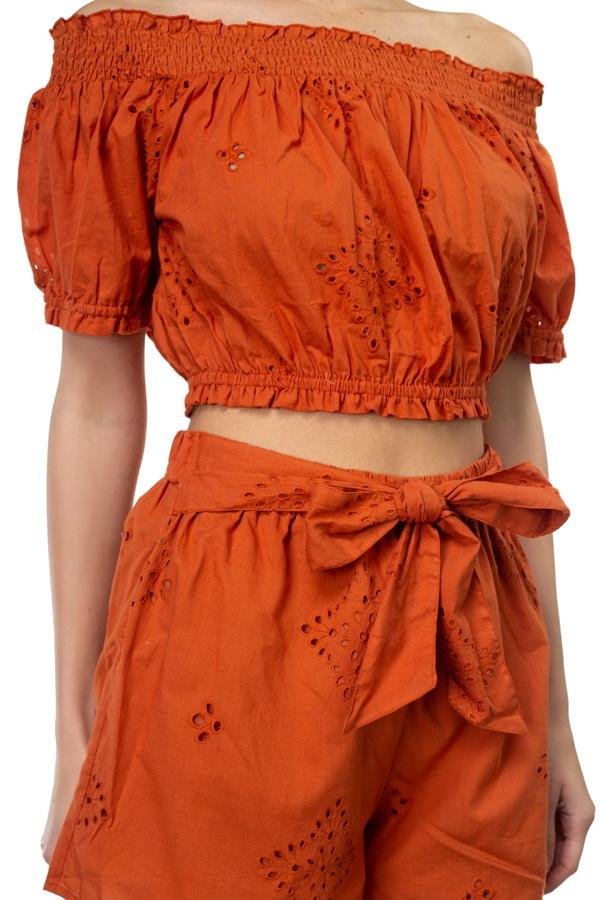 Smocked Off Shoulder Top & High Waist Eyelet Shorts Set - Absolute Fashion 2020
