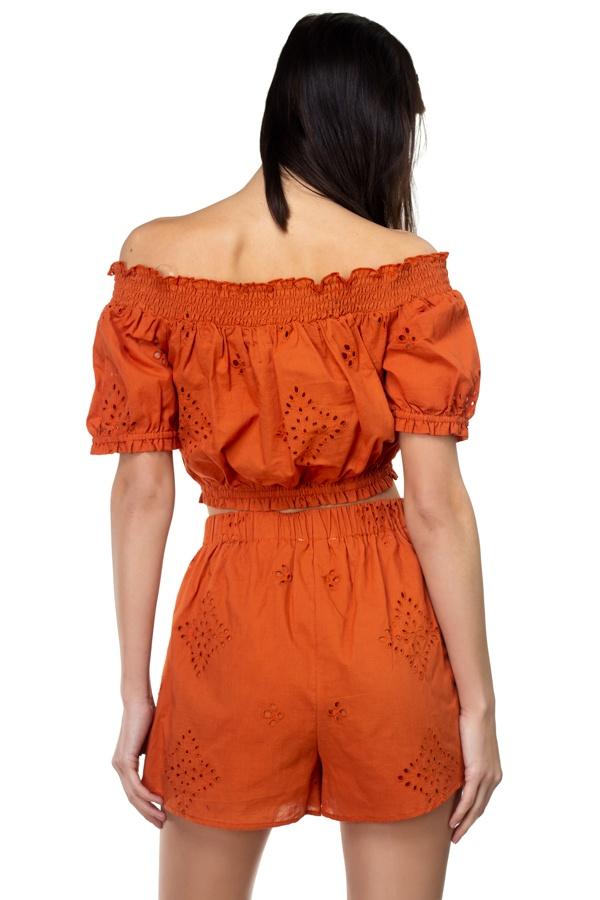 Smocked Off Shoulder Top & High Waist Eyelet Shorts Set - Absolute Fashion 2020