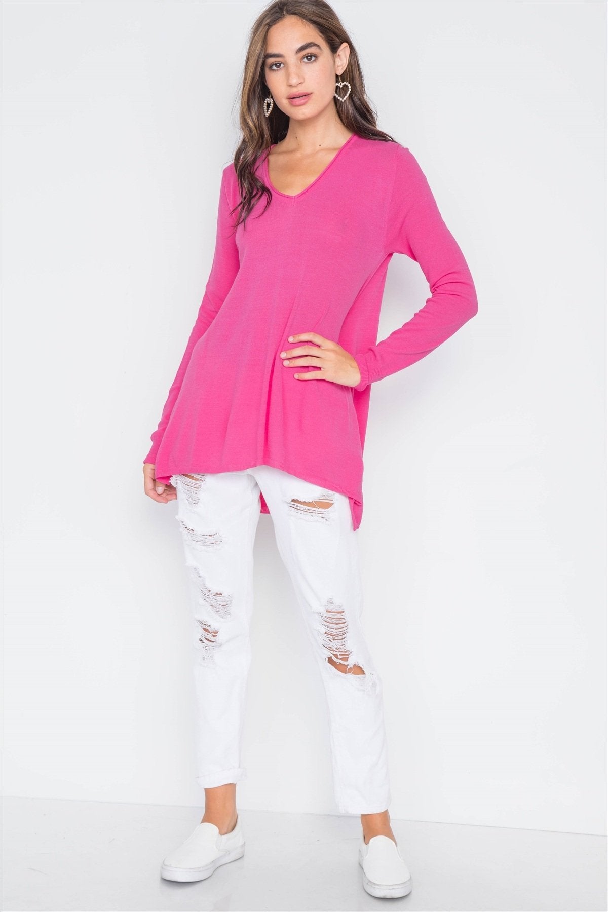Knit V-neck Casual Solid Long Sleeve Sweater - Absolute Fashion 2020