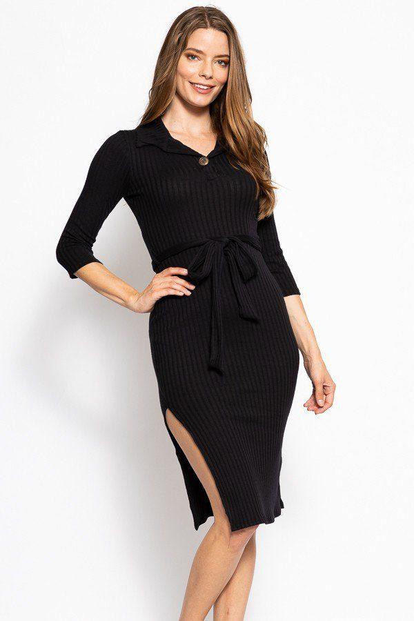Solid, Midi Tee Dress With 3/4 Sleeves, Collared V Neckline, Decorative Button, Matching Belt And A Side Slit - Absolute Fashion 2020