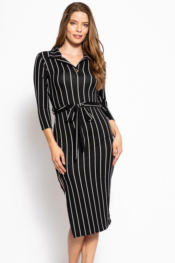 Stripes Print, Midi Tee Dress With 3/4 Sleeves, Collared V Neckline, Decorative Button, Matching Belt And A Side Slit - Absolute Fashion 2020