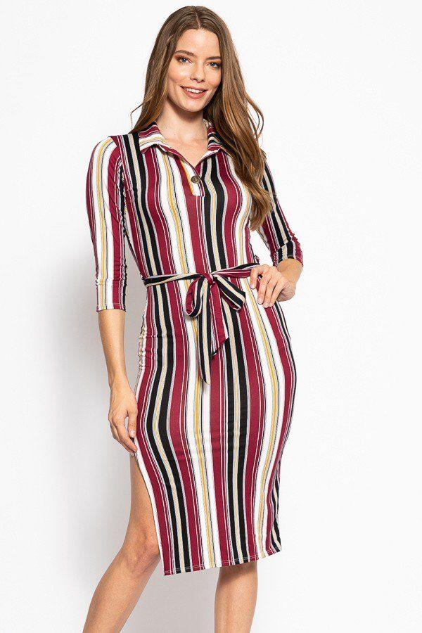 Stripes Print, Midi Tee Dress With 3/4 Sleeves, Collared V Neckline, Decorative Button, Matching Belt And A Side Slit - Absolute Fashion 2020
