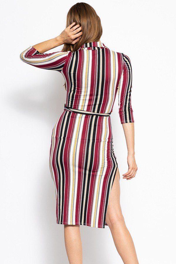 Stripes Print, Midi Tee Dress With 3/4 Sleeves, Collared V Neckline, Decorative Button, Matching Belt And A Side Slit - Absolute Fashion 2020