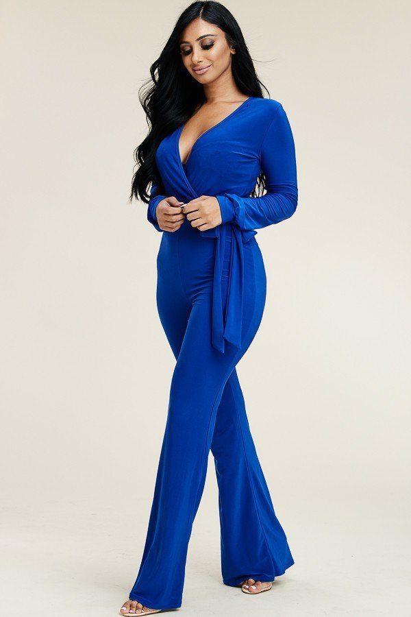 Solid Long Sleeve Wide Leg Jumpsuit With Tie Waist - Absolute Fashion 2020