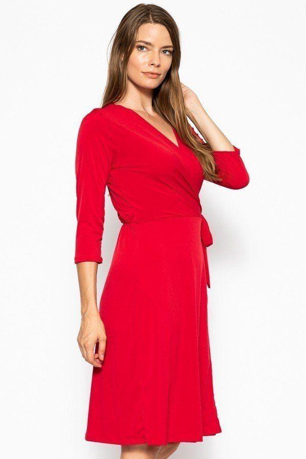 Cute Midi 3/4 Sleeve Dress With A Overlapping V-neck Line And A Belted Waist - Absolute Fashion 2020