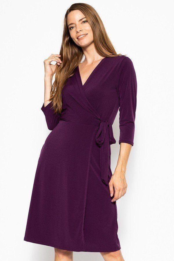 Cute Midi 3/4 Sleeve Dress With A Overlapping V-neck Line And A Belted Waist - Absolute Fashion 2020