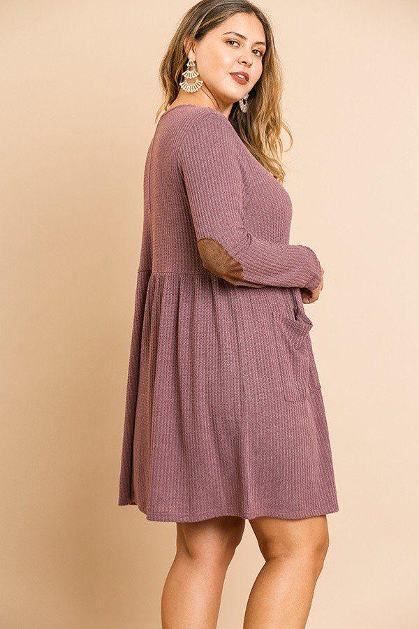 Waffle Knit Long Sleeve Round Neck Faux Button Front Babydoll Dress - Absolute Fashion 2020