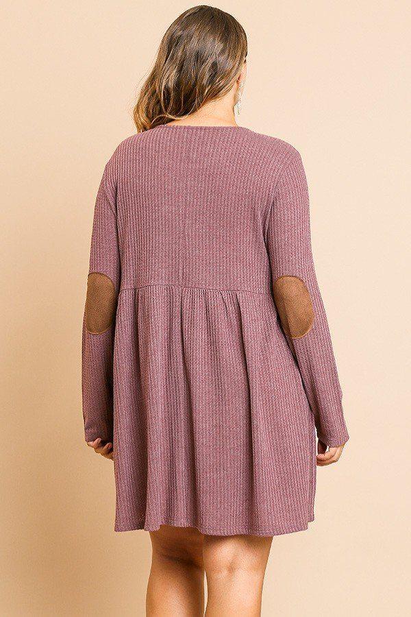 Waffle Knit Long Sleeve Round Neck Faux Button Front Babydoll Dress - Absolute Fashion 2020
