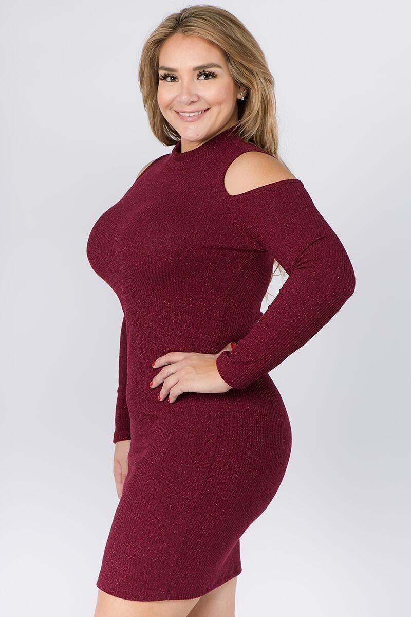 Embellished Solid Rib Knit Cold Shoulder Long Sleeve Dress - Absolute Fashion 2020