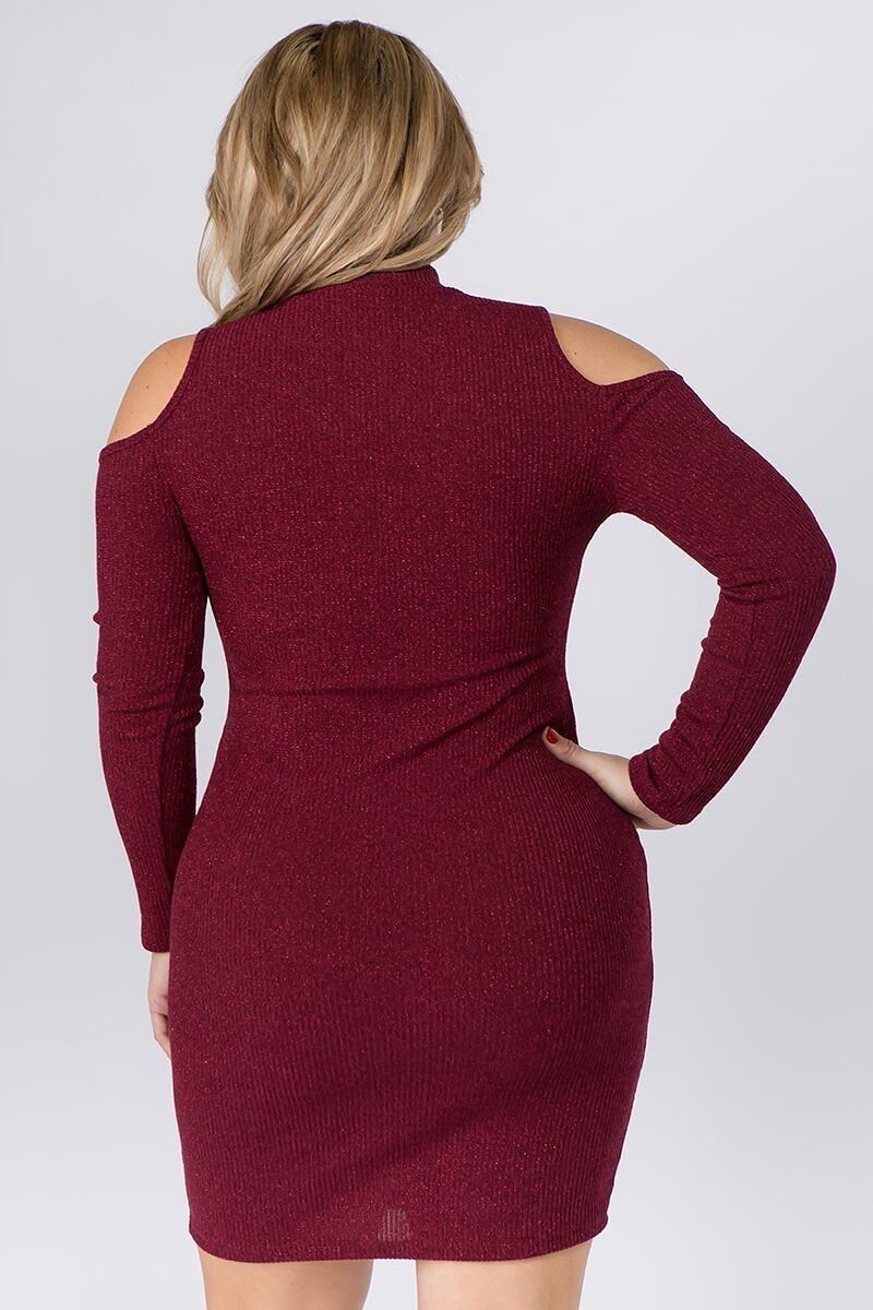 Embellished Solid Rib Knit Cold Shoulder Long Sleeve Dress - Absolute Fashion 2020