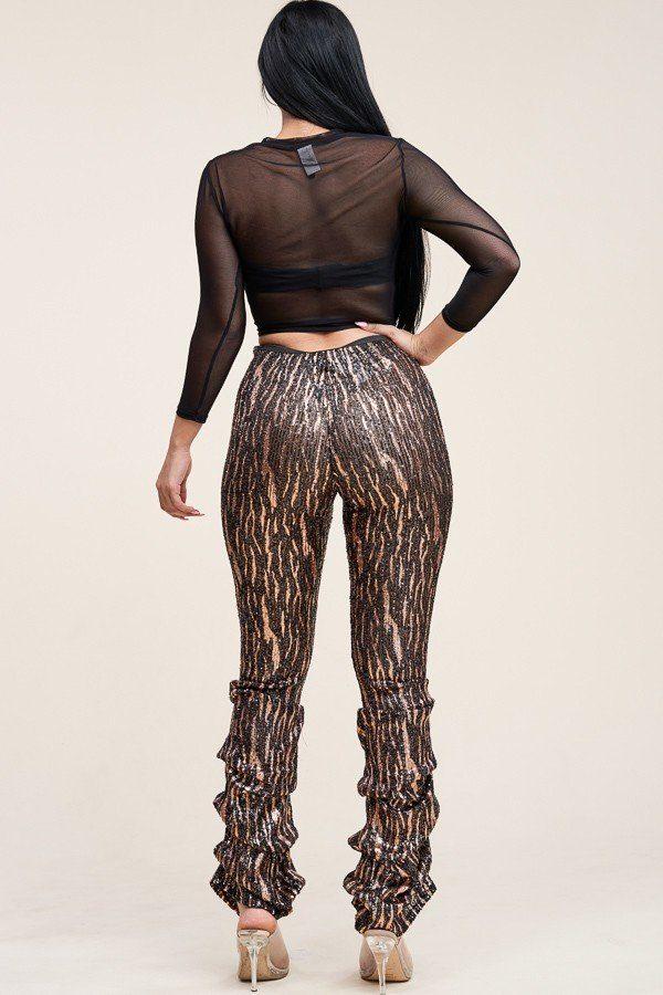 Sequin High Rise Stacked Pant And 3/4 Sleeve Power Mesh Top Two Piece Set - Absolute Fashion 2020