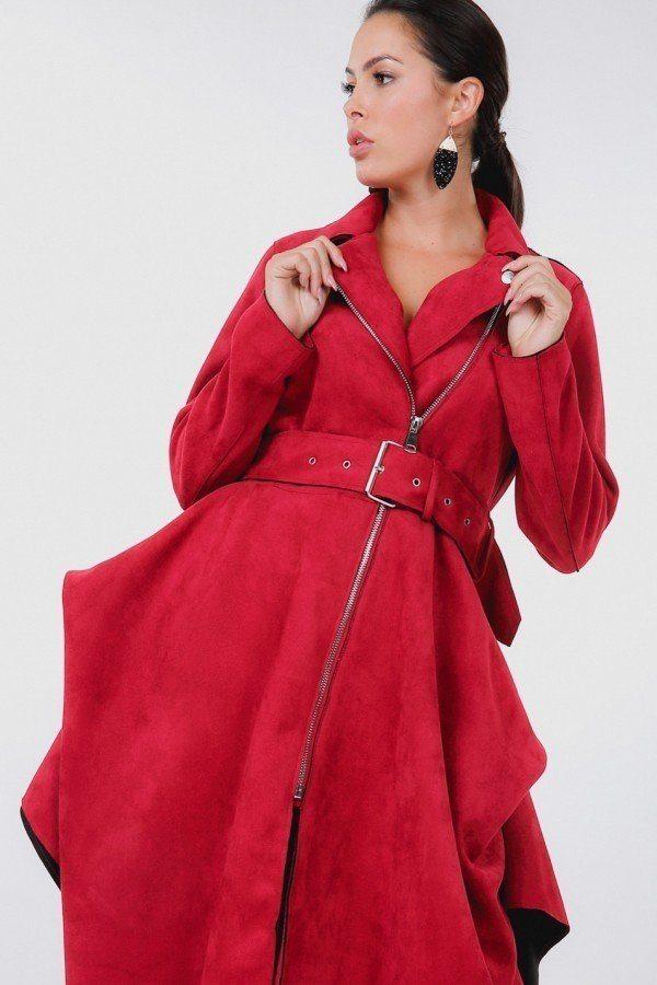 Waist Belt Tacked Faux Suede Coat - Absolute Fashion 2020