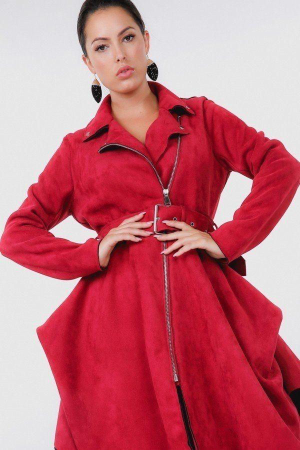 Waist Belt Tacked Faux Suede Coat - Absolute Fashion 2020
