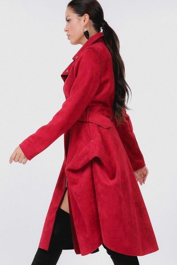 Waist Belt Tacked Faux Suede Coat - Absolute Fashion 2020