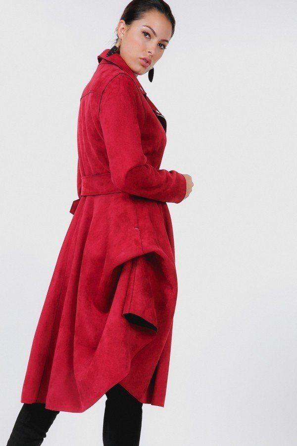 Waist Belt Tacked Faux Suede Coat - Absolute Fashion 2020