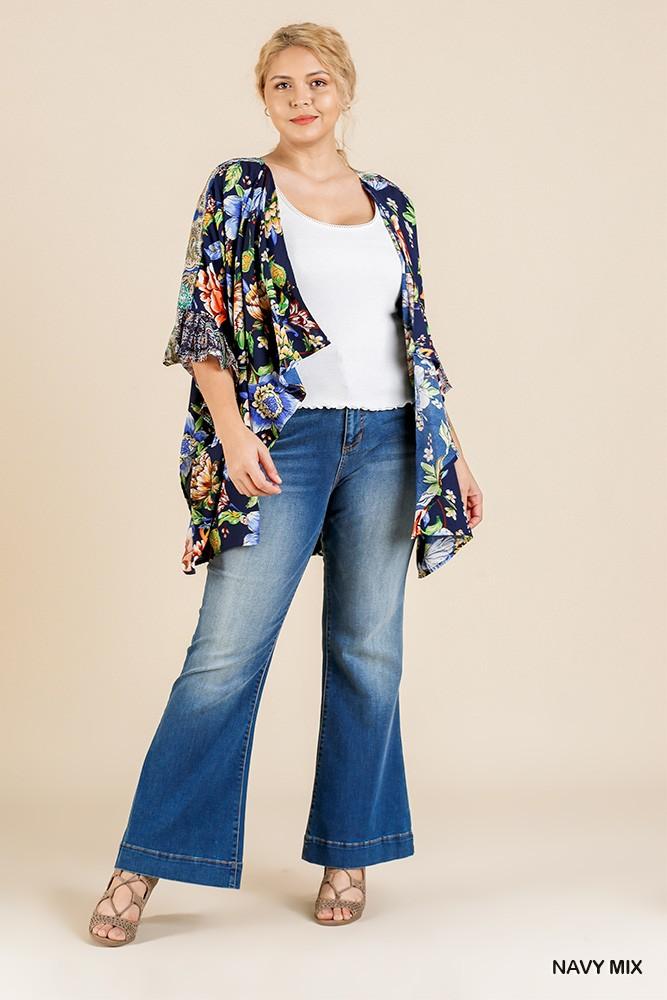 Floral Mixed Print Ruffle Bell Sleeve Open Front Kimono With Side Slits - Absolute Fashion 2020