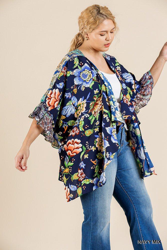 Floral Mixed Print Ruffle Bell Sleeve Open Front Kimono With Side Slits - Absolute Fashion 2020