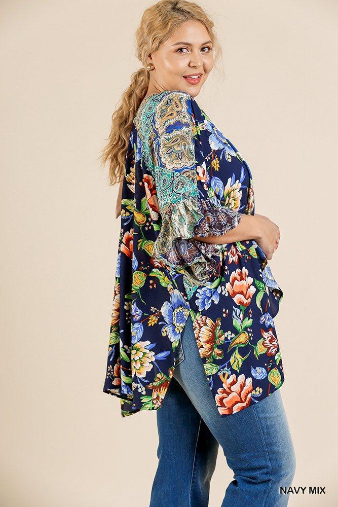 Floral Mixed Print Ruffle Bell Sleeve Open Front Kimono With Side Slits - Absolute Fashion 2020