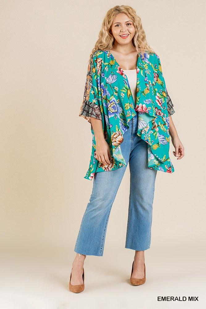 Floral Mixed Print Ruffle Bell Sleeve Open Front Kimono With Side Slits - Absolute Fashion 2020