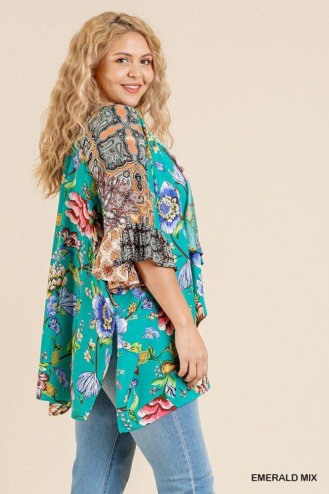 Floral Mixed Print Ruffle Bell Sleeve Open Front Kimono With Side Slits - Absolute Fashion 2020
