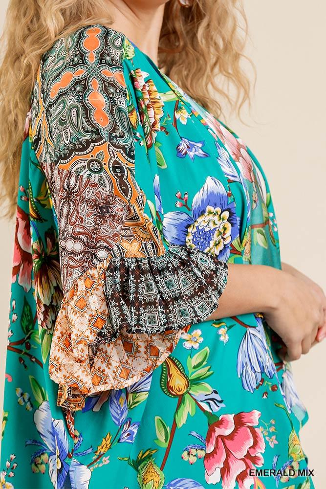 Floral Mixed Print Ruffle Bell Sleeve Open Front Kimono With Side Slits - Absolute Fashion 2020