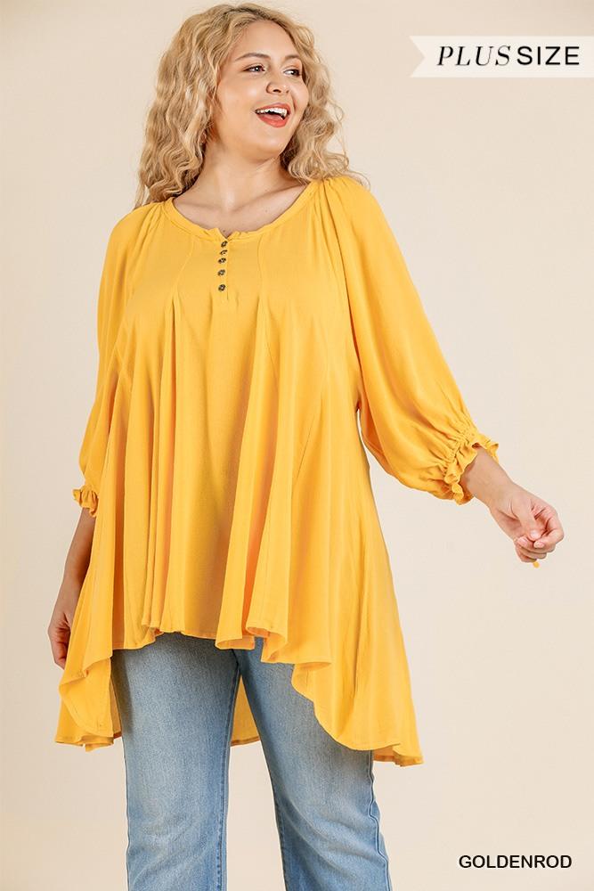 Ruffle Tie Sleeve Button Round Neck Tunic With High Low Hem - Absolute Fashion 2020