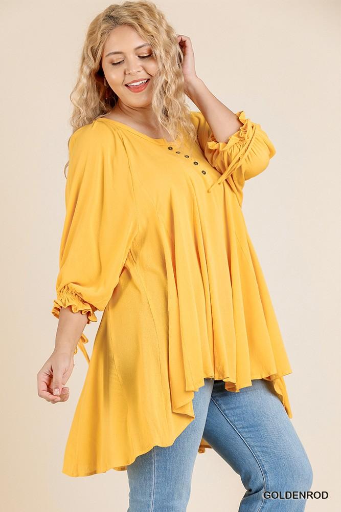 Ruffle Tie Sleeve Button Round Neck Tunic With High Low Hem - Absolute Fashion 2020