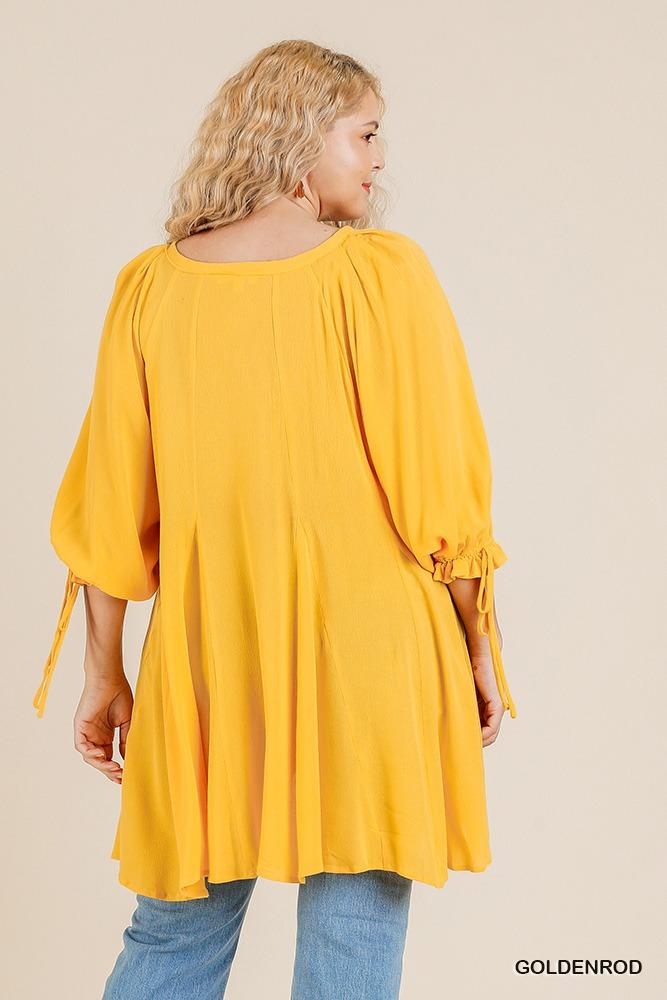Ruffle Tie Sleeve Button Round Neck Tunic With High Low Hem - Absolute Fashion 2020