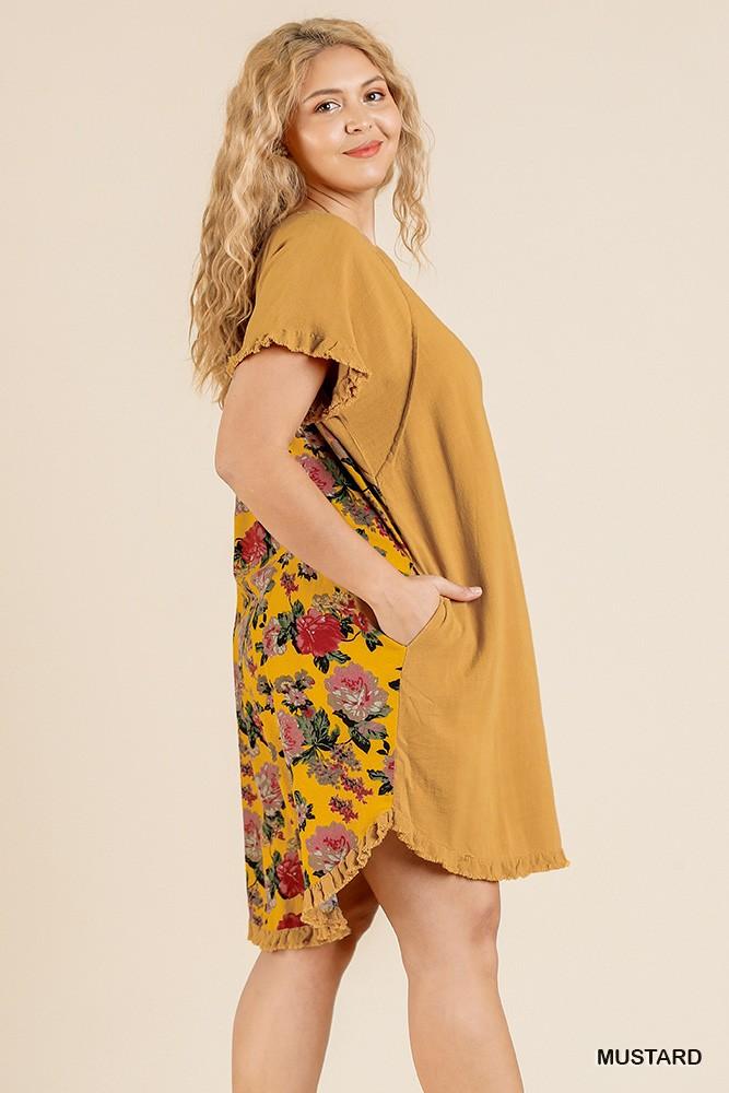 Short Sleeve Round Neck Dress With Floral Print Back And High Low Scoop Ruffle Hem - Absolute Fashion 2020