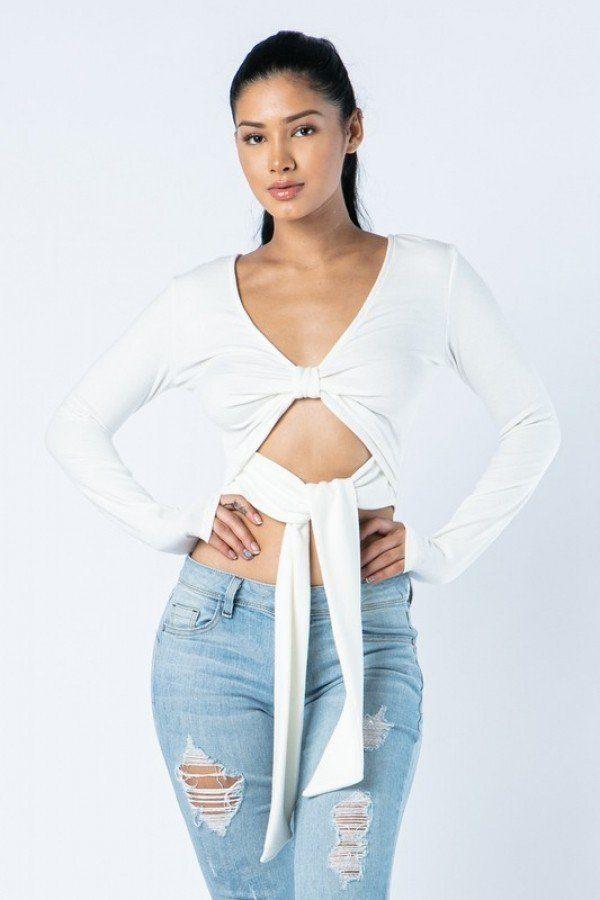 Soft Heavy Knit Front Ribbon Side Band Tie Long Sleeve Crop Top - Absolute Fashion 2020