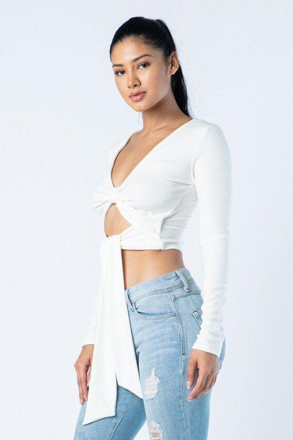 Soft Heavy Knit Front Ribbon Side Band Tie Long Sleeve Crop Top - Absolute Fashion 2020
