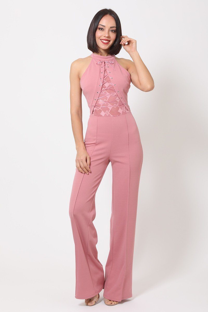 Halter Neck Jumpsuit W/ Criss Cross Front Tie Designs - Absolute Fashion 2020
