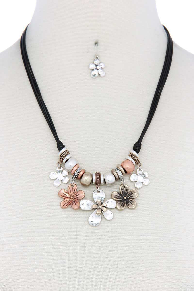 Tri Tone Flower Charm Pu Leather Necklace - Absolute Fashion 2020