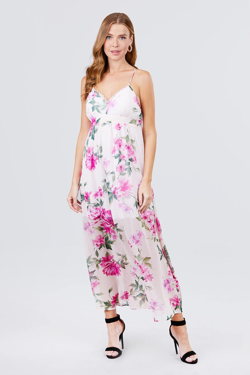 Deep V-neck W/cross Strap Print Maxi Dress - Absolute Fashion 2020