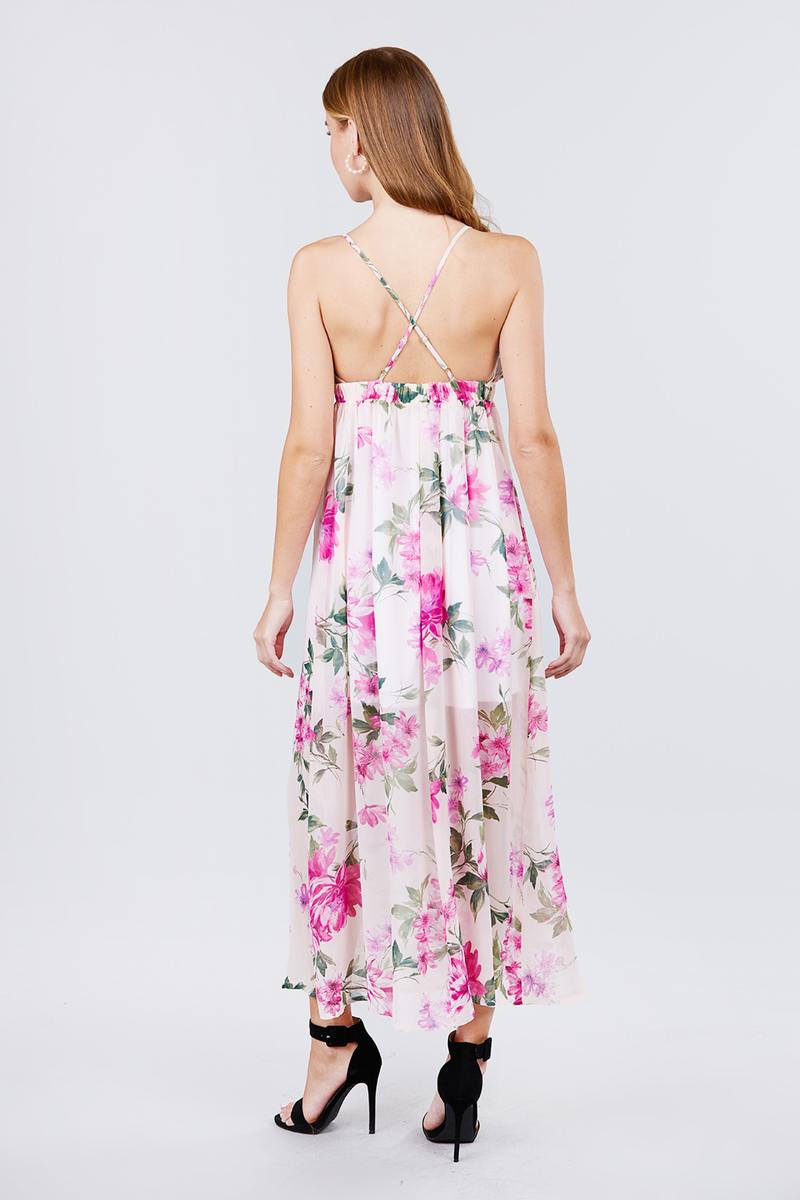 Deep V-neck W/cross Strap Print Maxi Dress - Absolute Fashion 2020
