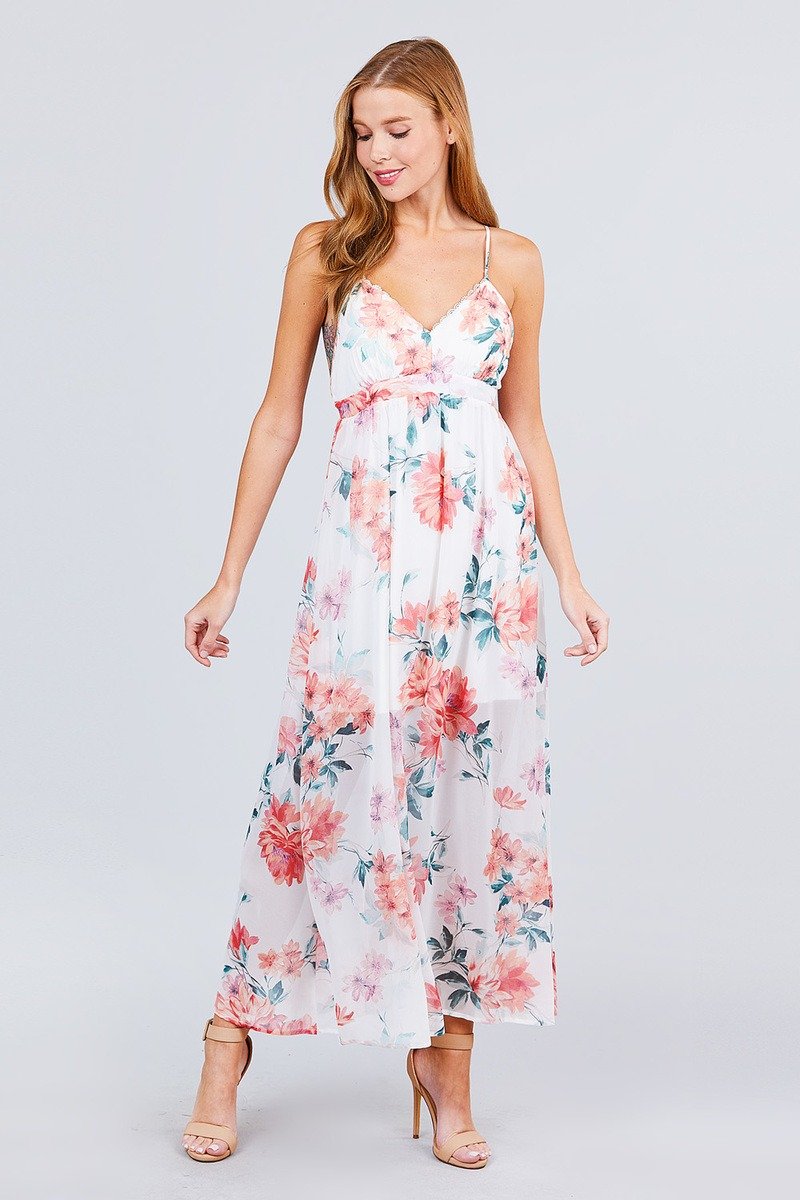 Deep V-neck W/cross Strap Print Maxi Dress - Absolute Fashion 2020