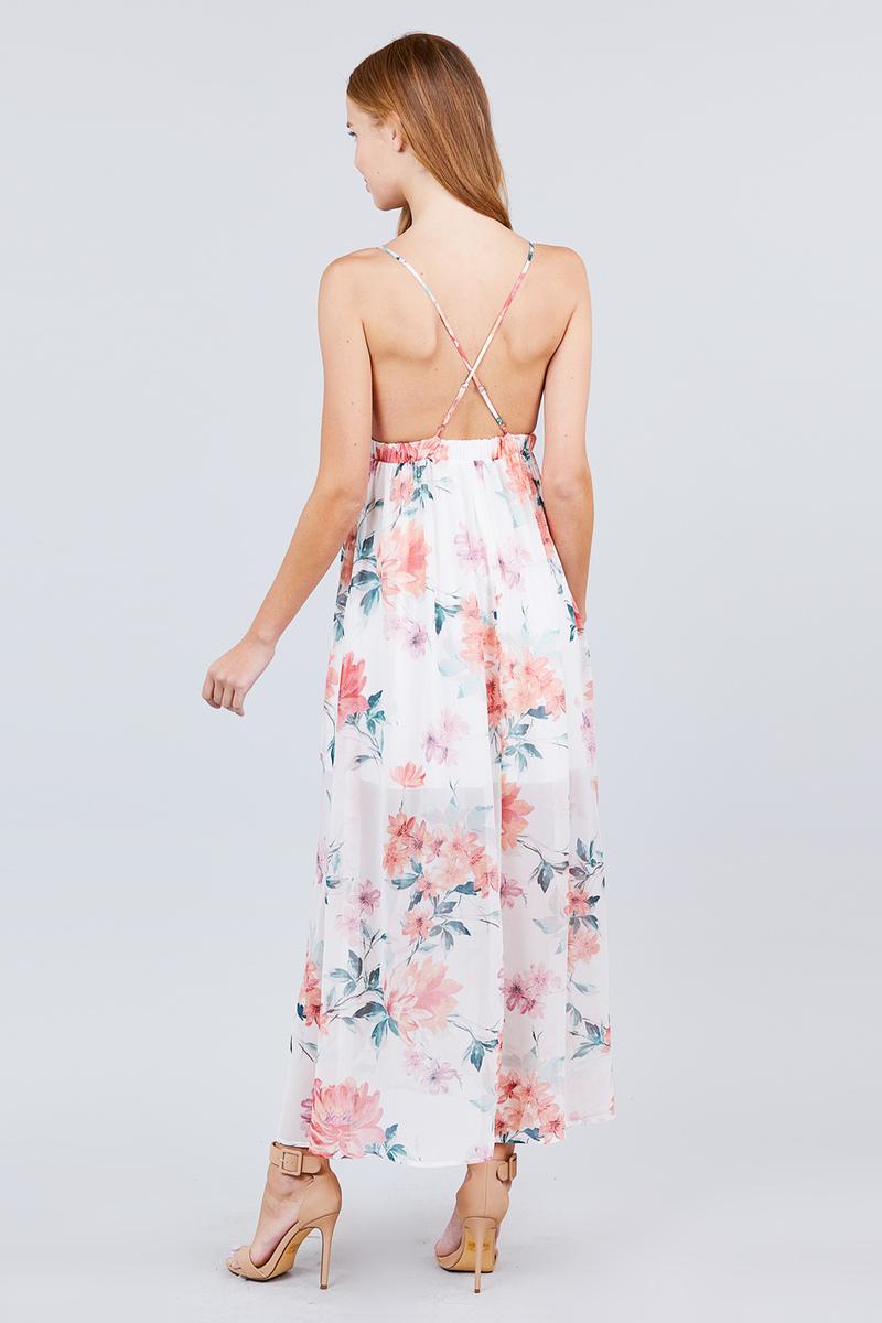 Deep V-neck W/cross Strap Print Maxi Dress - Absolute Fashion 2020