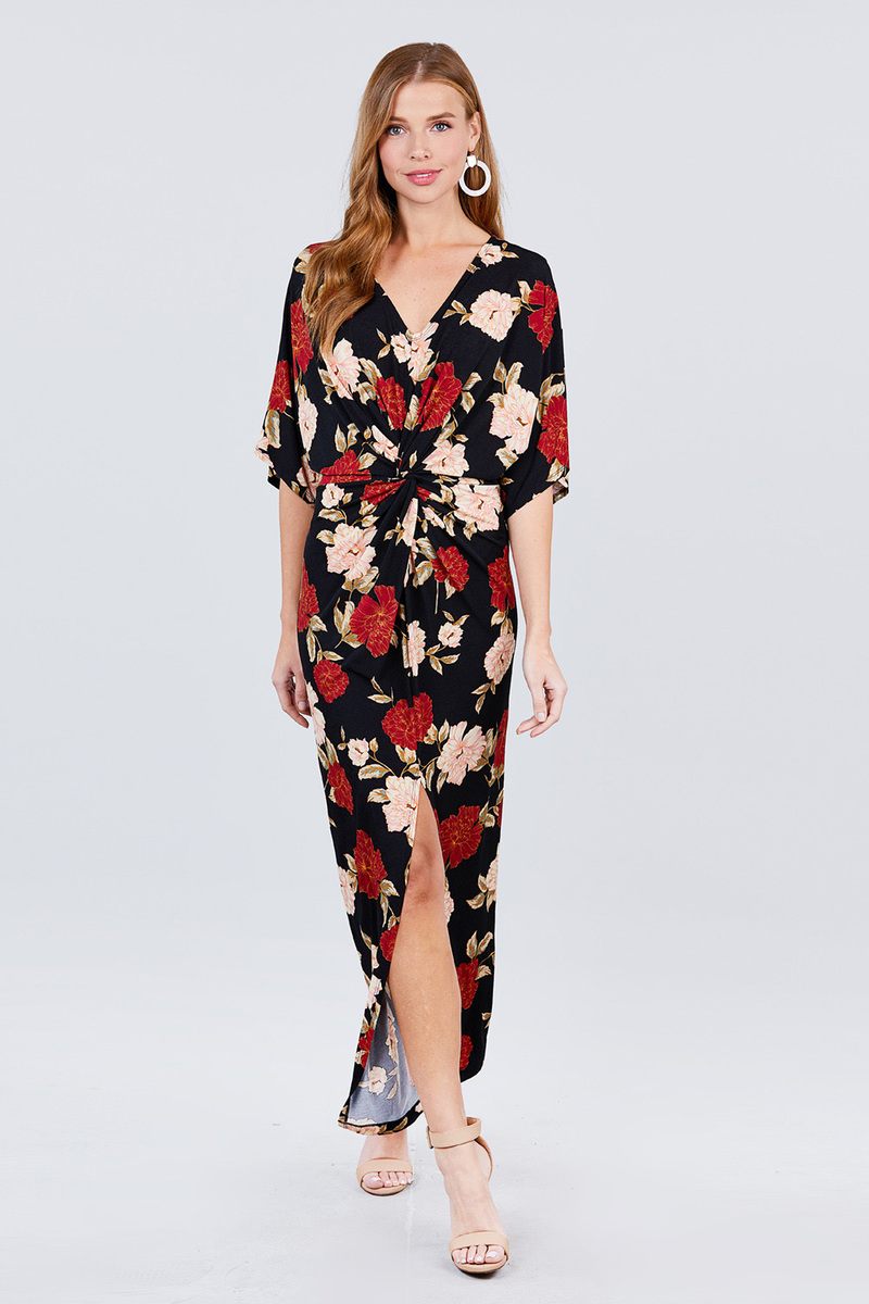 Short Dolman Sleeve V-neck Front Knot And Slit Print Knit Long Dress - Absolute Fashion 2020
