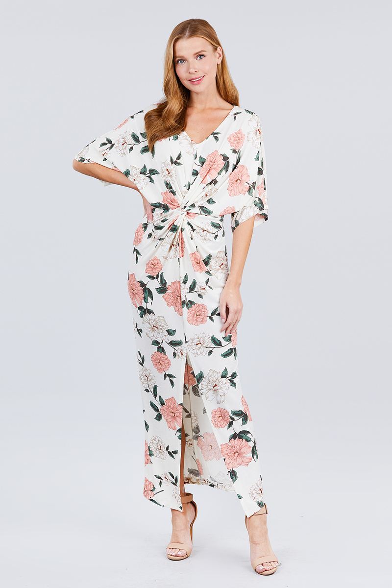 Short Dolman Sleeve V-neck Front Knot And Slit Print Knit Long Dress - Absolute Fashion 2020