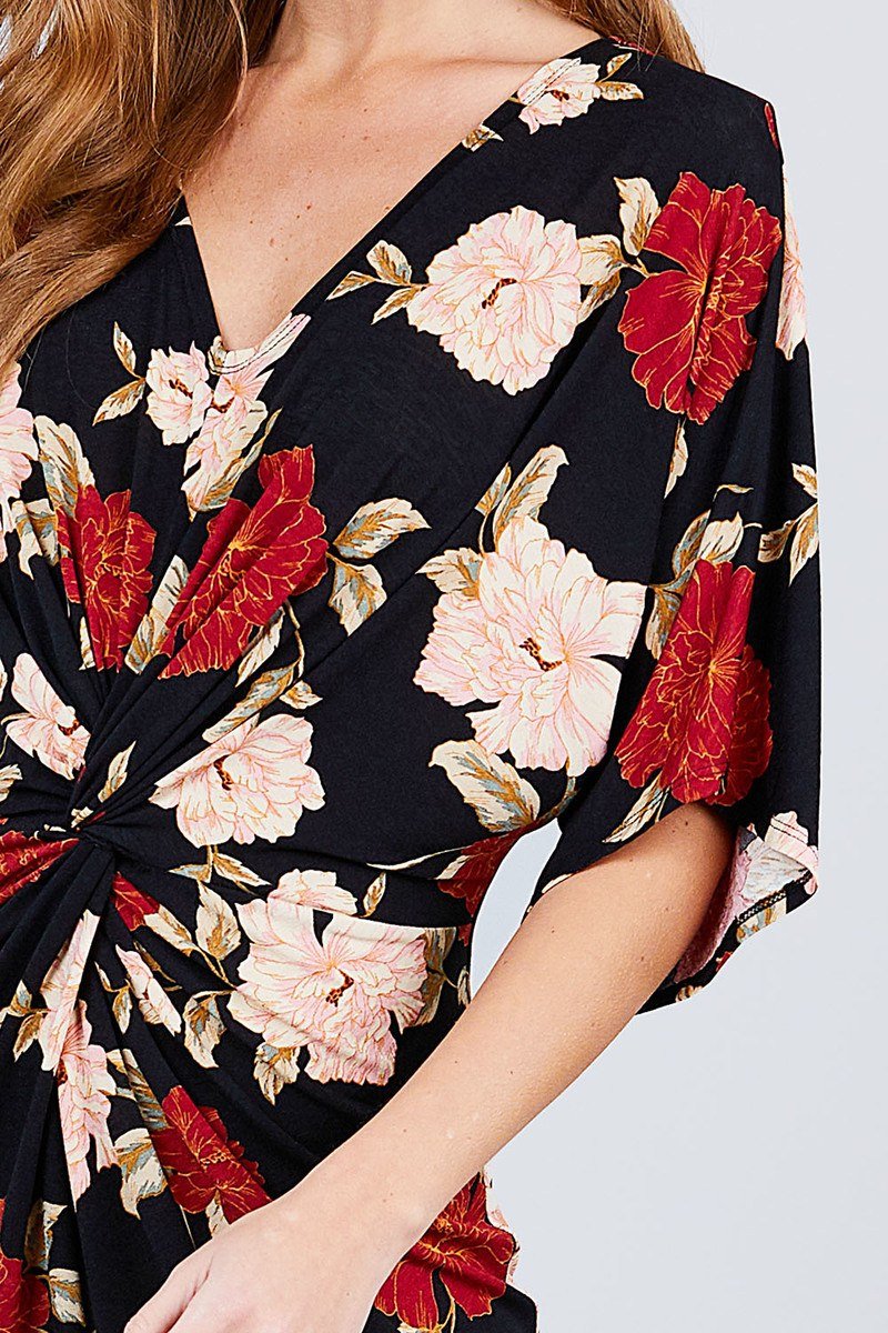 Short Dolman Sleeve V-neck Front Knot And Slit Print Knit Long Dress - Absolute Fashion 2020