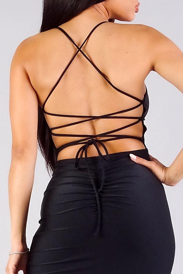 Spaghetti Strap Lace Up Back Ruched Mini Dress - Absolute Fashion 2020