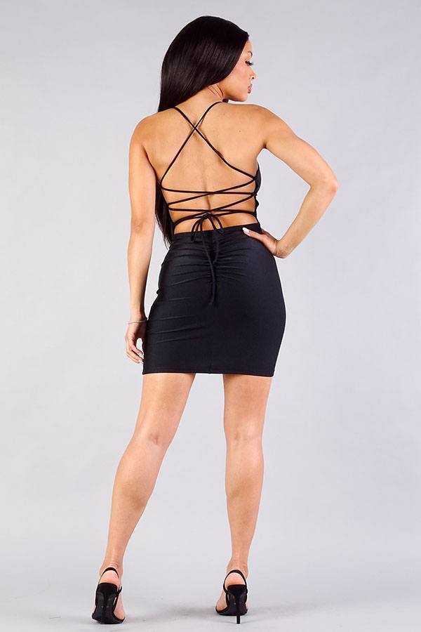 Spaghetti Strap Lace Up Back Ruched Mini Dress - Absolute Fashion 2020