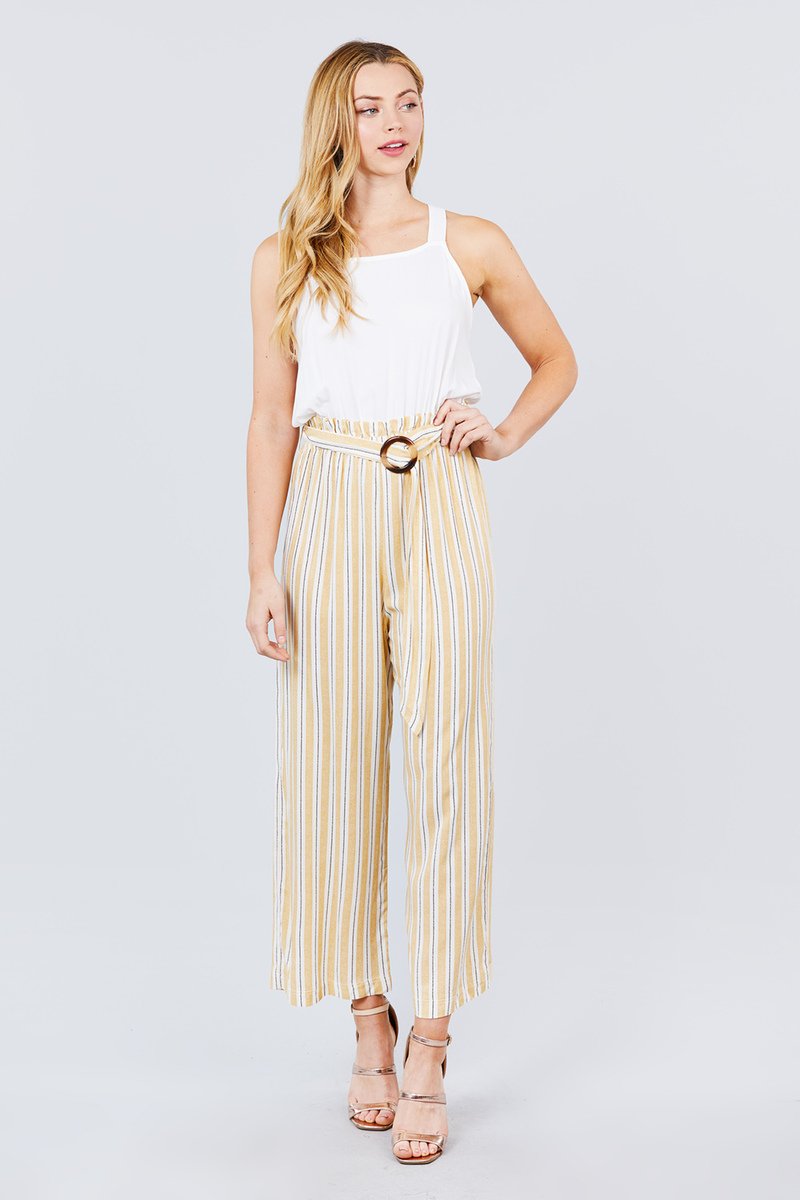 Straight Neck Waist Belted Stripe Long Jumpsuit - Absolute Fashion 2020