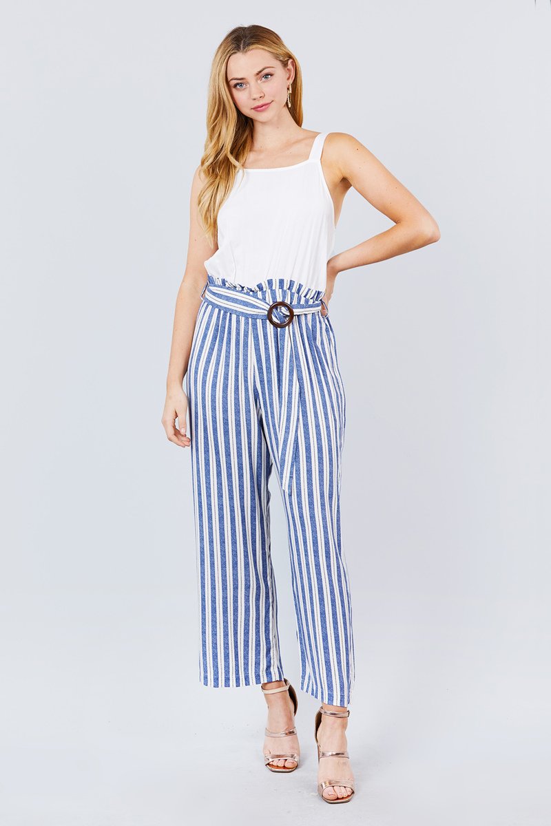 Straight Neck Waist Belted Stripe Long Jumpsuit - Absolute Fashion 2020