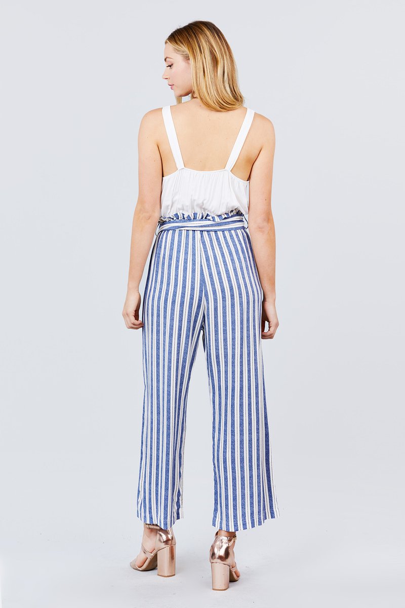 Straight Neck Waist Belted Stripe Long Jumpsuit - Absolute Fashion 2020