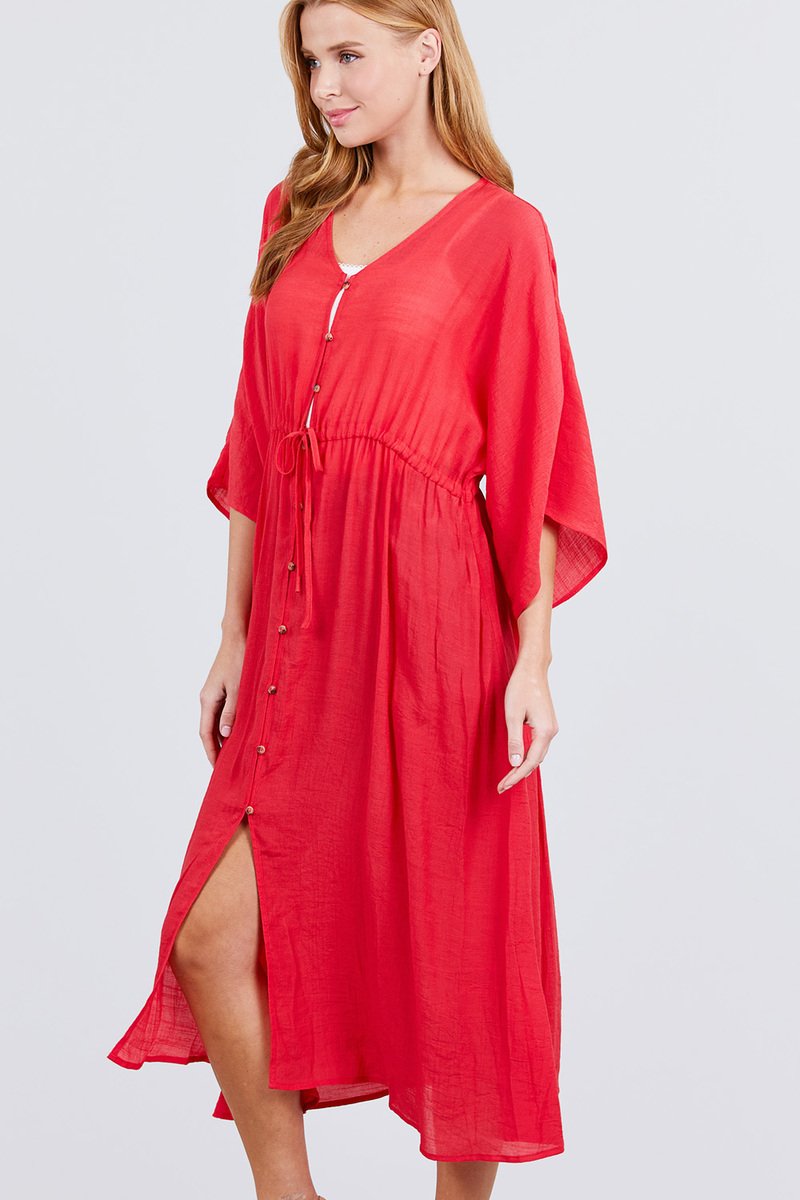 Elbow Sleeve Waist Ribbon Tie Button Down Long Woven Cardigan - Absolute Fashion 2020