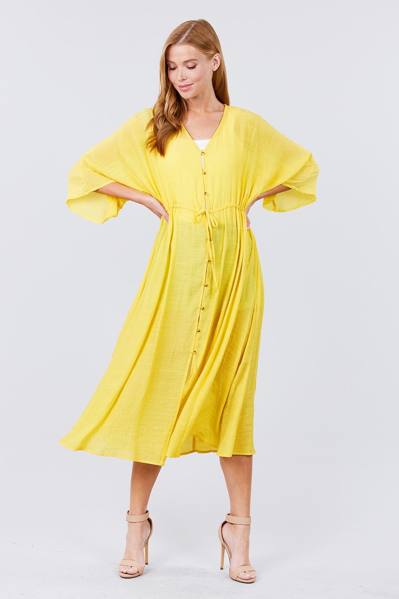 Elbow Sleeve Waist Ribbon Tie Button Down Long Woven Cardigan - Absolute Fashion 2020