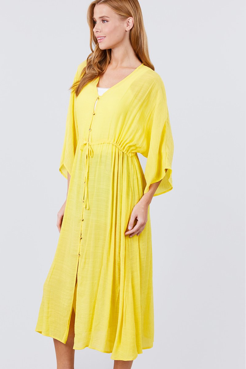 Elbow Sleeve Waist Ribbon Tie Button Down Long Woven Cardigan - Absolute Fashion 2020