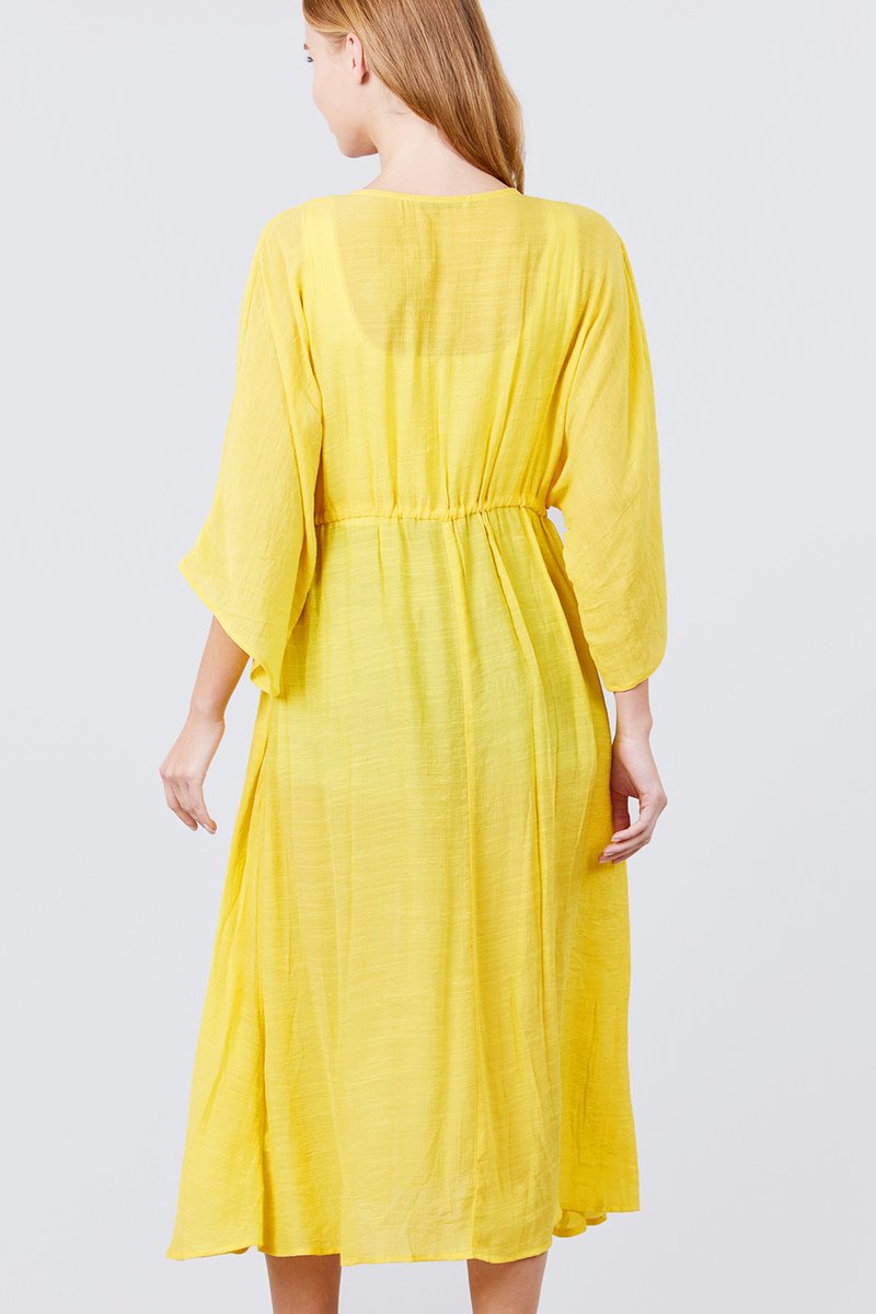 Elbow Sleeve Waist Ribbon Tie Button Down Long Woven Cardigan - Absolute Fashion 2020